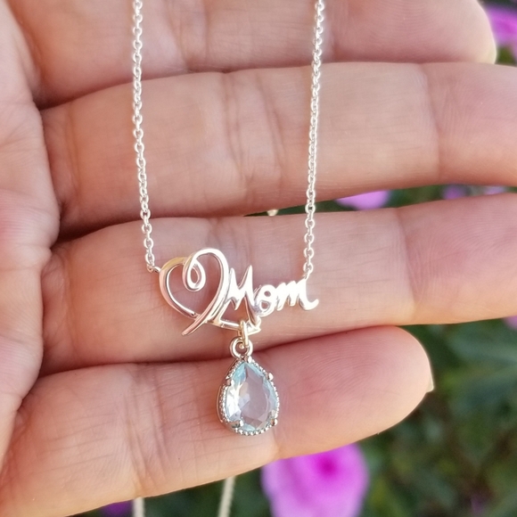 Sterling Silver Mom Pendant Necklace, Aquamarine Necklace, Mothers Day Gift - Picture 3 of 7